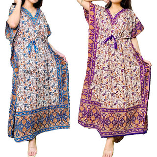 Ukal Combo Pack of 2 Women's Kaftan Dress Cover Up Nightwear Nighty Gown V-Neck Dress