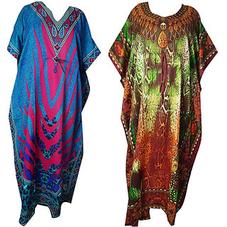                       Ukal Combo Pack of 2 Women's Kaftan Dress Cover Up Nightwear Nighty Gown V-Neck Dress                                              