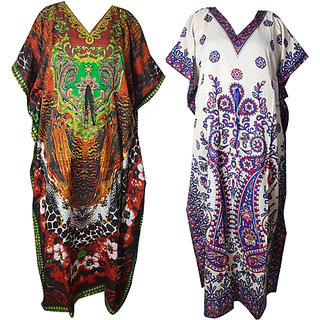                       Ukal Combo Pack of 2 Women's Kaftan Dress Cover Up Nightwear Nighty Gown V-Neck Dress                                              
