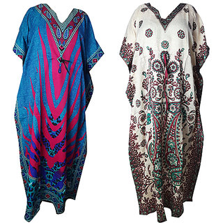                       Ukal Combo Pack of 2 Women's Kaftan Dress Cover Up Nightwear Nighty Gown V-Neck Dress                                              