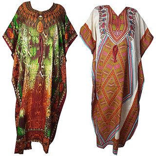                      Ukal Combo Pack of 2 Women's Kaftan Dress Cover Up Nightwear Nighty Gown V-Neck Dress                                              