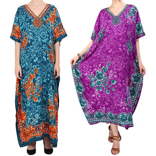                       Ukal Combo Pack of 2 Womens Kaftan Dress Cover Up Nightwear Nighty Gown V-Neck Dress                                              