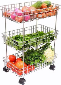 BLUMOON Stainless Steel Silver Multipurpose Storage Shelf, Kitchen Rack Triple Tire Trolley Fruits/Vegetables