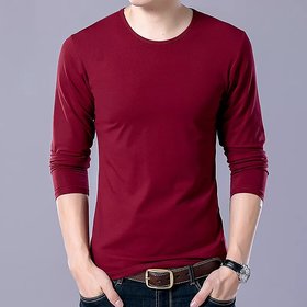 Pause Maroon Solid Round Neck Slim Fit Full Sleeve Men'S T-Shirt