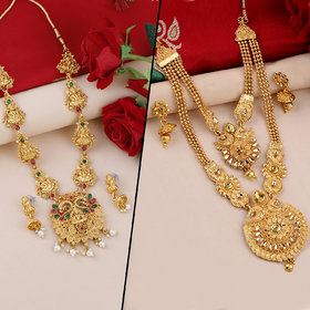 Silver Shine Gold Plated Traditional Designer Temple Long Jewellery Set For Women Girl