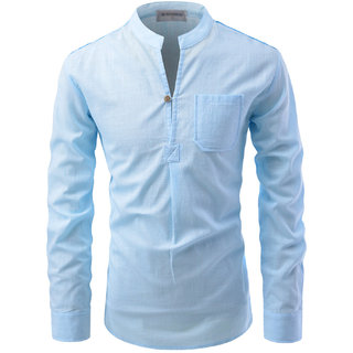                       UniVibe Sky Blue Color Lilen Designer Kurta Style Shirts For Men's                                              