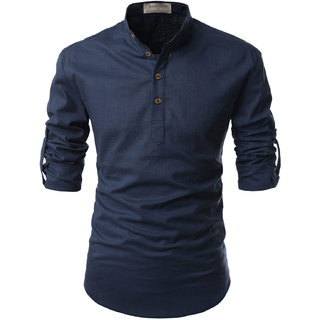                       UniVibe Navy Blue Color Lilen Designer Kurta Style Shirts For Men's                                              