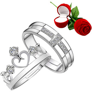 Silver Plated Adjustable Couple Rings Set for lovers Ring with 1 Piece Red Rose Gift Box  for Men and Women