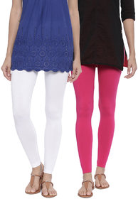Bitz Organic Cotton Womens Ankle Leggings - Premium  Cotton ,Soft Fabric Leggings - Magenta, White (Pack of 2)