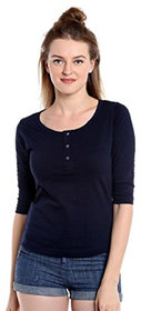 Popster Navy Blue Solid Cotton Round Neck Slim Fit 3/4 Sleeve Womens T-Shirt
