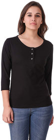 Popster Black Solid Cotton Round Neck Slim Fit 3/4 Sleeve Womens T-Shirt