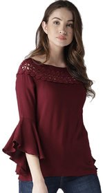 Popster Maroon Solid Rayon  Regular Fit 3/4 Sleeve Womens Top