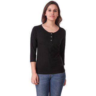                       Popster Black Solid Cotton Round Neck Slim Fit 3/4 Sleeve Womens T-Shirt                                              