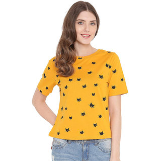                      Popster Mustard Printed Cotton Round Neck Regular Fit Half Sleeve Womens T-Shirt                                              