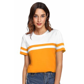                       Popster Mustard Solid Cotton Round Neck Regular Fit Half Sleeve Womens T-shirt                                              