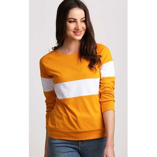                      Popster Mustard & white color blocked Cotton Round Neck Regular Fit Long Sleeve Womens T-shirt                                              