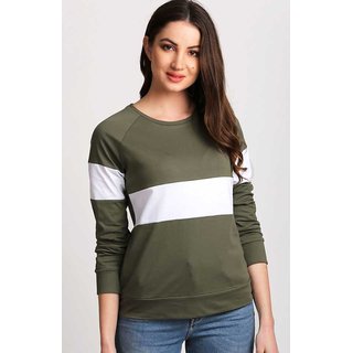                       Popster Olive & White color blocked Cotton Round Neck Regular Fit Long Sleeve Womens T-shirt                                              
