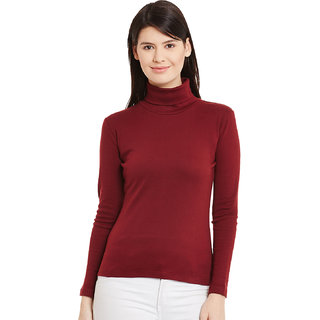                       Popster Maroon Solid Cotton High Neck Slim Fit Long Sleeve Womens T-shirt                                              