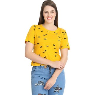                      Popster Mustard Print Cotton Round Neck Regular Fit Half Sleeve Womens T-shirt                                              