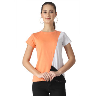                       Popster Peach & white color blocked Cotton Round Neck Regular Fit Half Sleeve Womens T-shirt                                              