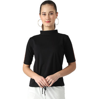                       Popster Black Solid Cotton High Neck Regular Fit Half Sleeve Womens T-shirt                                              