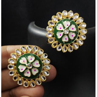                       Latest Green Pink Meenakari Kundan Tops Earrings Set                                              