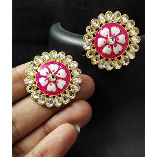                       Latest Raani Pink Meenakari Kundan Tops Earrings Set                                              
