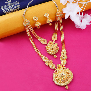 Traditional Gold Plated Ethnic Golden Kundan Designer Long Necklace wedding Jewellery Set For Girls and Women