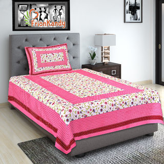 FrionKandy Floral Print Cotton Pink Single Bedsheet with One Pillow Cover (90 x 60 Inch)