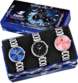 Espoir Analog Stainless Steel Combo Pack of 3 Multi Color Dial Girl's and Women's Watch - Black Diamond Combo