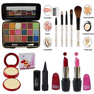 ADS SWIPA Pink Red Lipstick+Kajal+9Colour Eyeshadow+5Pcs Makeup Brush+2in1 Compact Powder Set Of-6