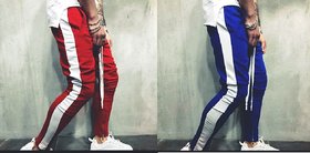 Red and Royal Blue White strap with zip at the bottom track pant