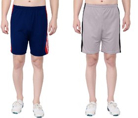 OORA Unisex Non-Cotton Sports Gym Shorts (Pack of 2, Grey_Royal,, Free Size- 28 to 34 Inch)