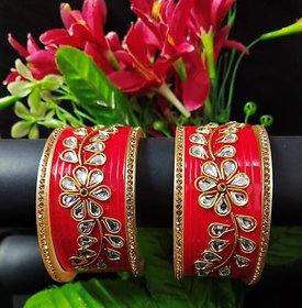 Desigenr Red Bridal Chura Shuga Chura Kundan Golden CZ 2.4 inch Set