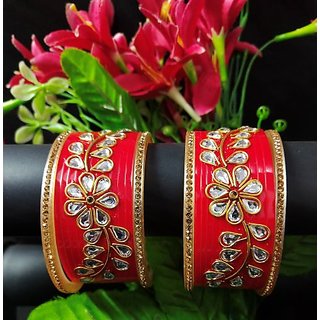                       Desigenr Red Bridal Chura Shuga Chura Kundan Golden CZ 2.4 inch Set                                              