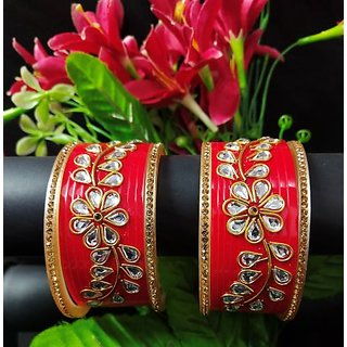 Desigenr Red Bridal Chura Shuga Chura Kundan Golden CZ 2.6 inch Set