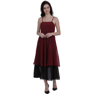                       Maroon  kae-green A-line  fit and flare dress with layered detail,Has shouldr strapes,  sleeve less, flared hem.                                              