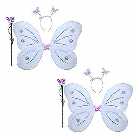 Kaku Fancy Dresses White Butterfly Wings with Hairband and Wand Stick for Girls - Pack of 2
