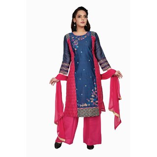 Blue N Pink With Embroidery  Block Print