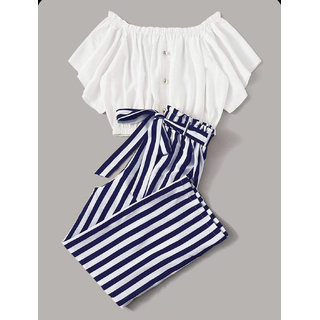 Women Navy Striped Casual Pant ...