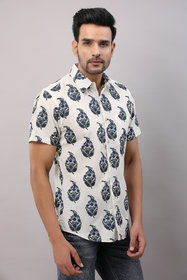FrionKandy Cotton Block Print Casual Blue Regular Shirt For Men