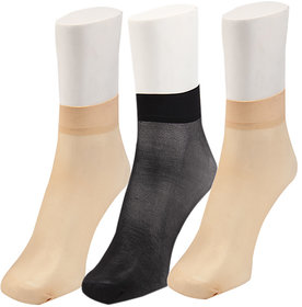 Nxt 2 Skin - Ladies Transparent Socks, Sheer Ankle Stockings for Women - Black and Skin (Pack of 3)