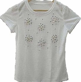 Women's White Semi- Short Sleeves Top with Pearl Work (Size - M)