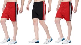 Zonecart Men & Women Non-Cotton Sports Gym Shorts (Pack of 3, Black, Red, Red)