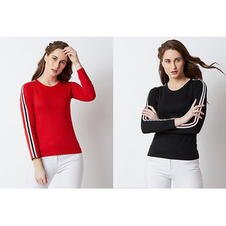                       Vivient Women Red and Black Side Tape T-shirts Combo                                              