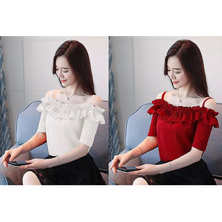                       Vivient Women White and Maroon Rayon Crepe Off Shoulder Top Combo                                              