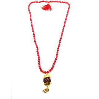 Raviour Lifestyle Mahadev Shiva Om Rudraksha Pendant With Red Hakik Agate 108 beads Mala
