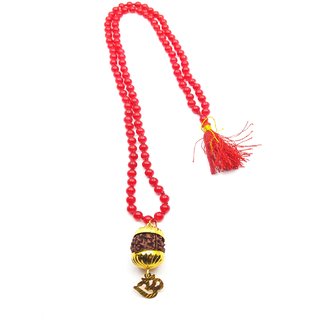 Raviour Lifestyle Mahadev Shiva Om Rudraksha Pendant With Red Hakik Agate 108 beads Mala