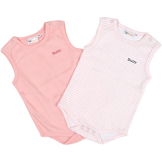                       Buzzy Infant Girl's Pink and White Cotton Romper (Pack of Two)                                              
