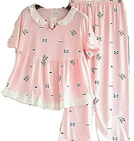 Soft  Smooth Synthetic Printed Nightwear Short Sleeve Night Suit Top  Pajama Pink